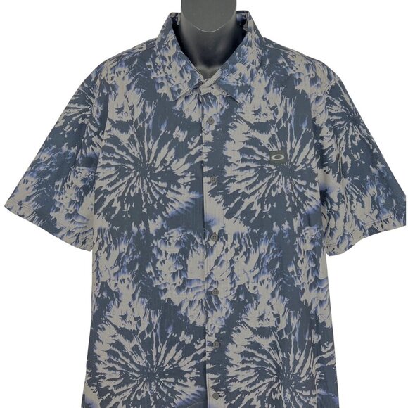 Oakley Mens XL Short Sleeve Button-Up Tie-Dye Shirt Blue Gray Regular Fit - Picture 3 of 11
